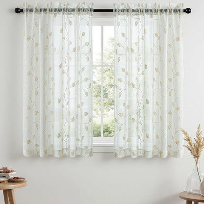 Beige Sheer Curtains Decorative Embroidered Leaf 54 Inches Long | Light by VISIONTEX