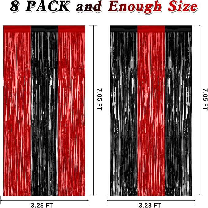 ZATAYE 8 Pack Black Red Halloween Foil Curtain Streamer Decorations | Black Red - Image 2