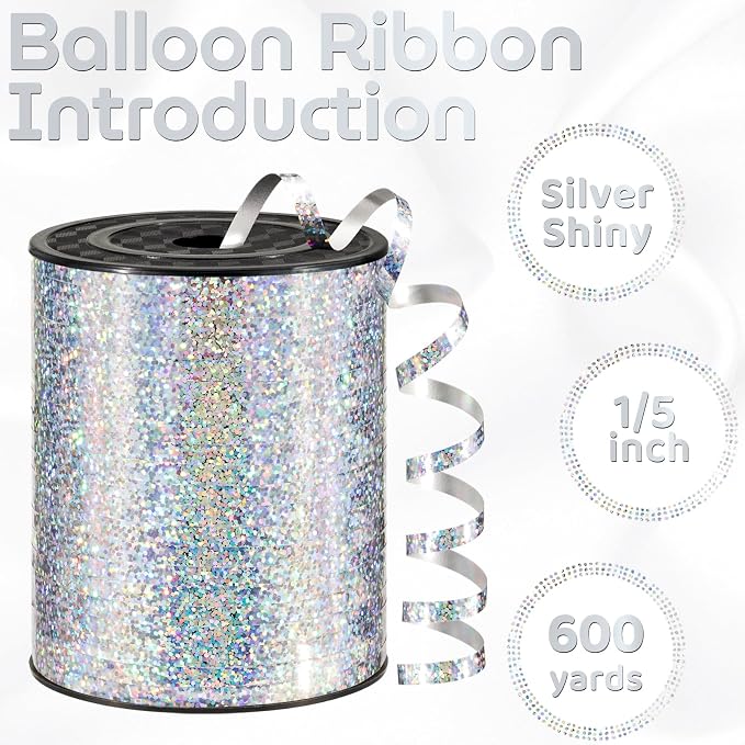 600 Yards Silver Curling Ribbon 1/5 Inch Shiny Metallic Silver Ribbon Balloon - Image 2