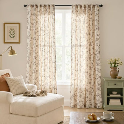 Taupe Floral Linen Curtains Farmhouse Rod Pocket 50W X 108L 2 Panels | - Image 7