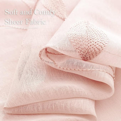 HOMEIDEAS Blush Pink Sheer Curtains 2 Panels Set, Embroidered Leaf, W52xL63 | - Image 4