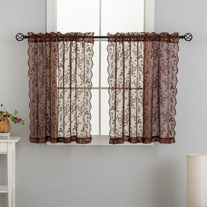 FINECITY Chestnut Brown Sheer Curtains Leaf Floral W42 x L36 Inch, 2 Panels | - Image 9