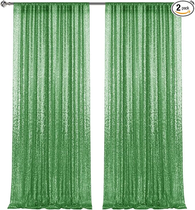 2×8FT-2PCS Grass Green Sequin Backdrop Curtains Panels, Photography Backdrop by Pufogu
