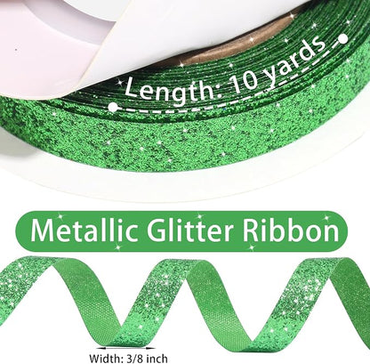 Green Metallic Glitter Ribbon for Gift Wrapping 3/8in x 10Yds | Cheer Sparkle - Image 3