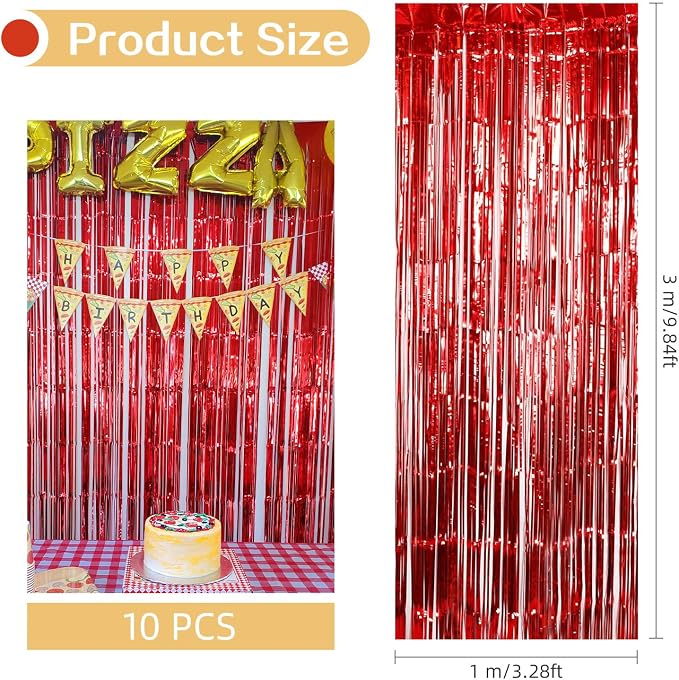 10 Pack Red Foil Curtain Backdrop 3.2ft x 9.8ft Metallic Tinsel Foil Fringe - Image 3
