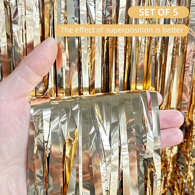 5 Pack Champagne Gold Foil Curtain Backdrop 3.2ft x 9.8ft Metallic Tinsel Foil - Image 2