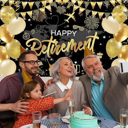 Mocsicka Retirement Party Decorations Black and Gold Happy Retirement Backdrop - Image 6