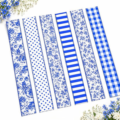 Blue and White Wired Ribbon Set, 6 Rolls 2.5 Inch Decorative Ribbon, - Image 4