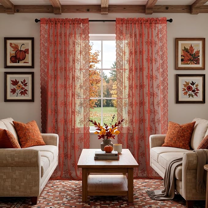 Kotile Burnt Orange Sheer Lace Curtains - Image 6
