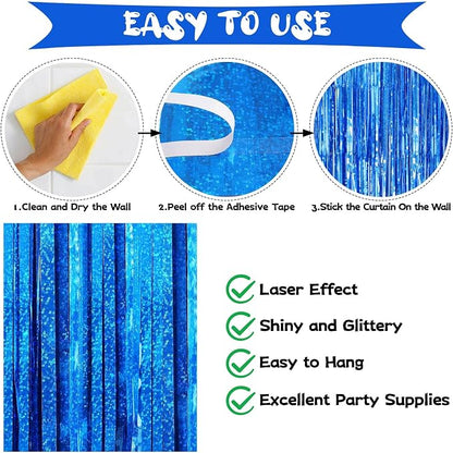Blue Tinsel Foil Fringe Curtain Backdrop, 3.3 x 8.2 ft Metallic Glitter Curtain - Image 4