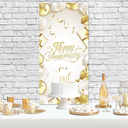 Happy Anniversary Backdrop Banner White Gold Elegant Door Cover Photography - Image 2