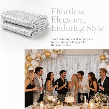ShinyBeauty 4 Panels Silver Sequin Backdrop Curtains 2x8ft Birthday Party | - Image 4