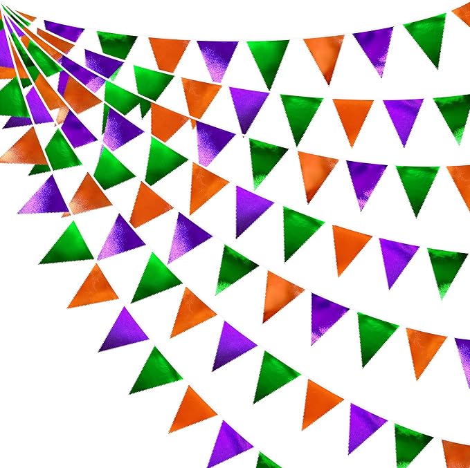 Halloween Party Decorations Metallic Fabric Green Orange Purple Triangle by pinkblume