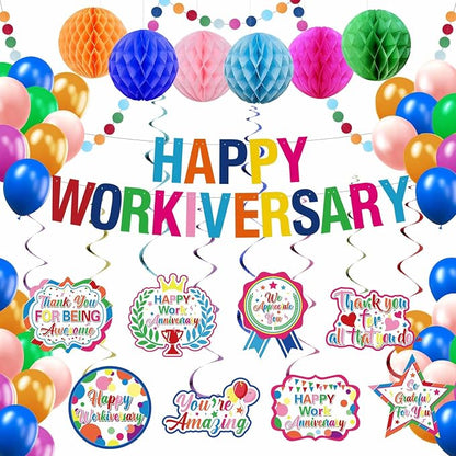 Work Anniversary Decorations, Pre-Strung Iridescent Happy Workiversary Banner by GOGOBAY