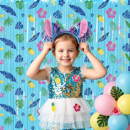 2 Packs Blue Foil Fringe Curtain, Hawaiian Element Pattern Metallic Tinsel - Image 2