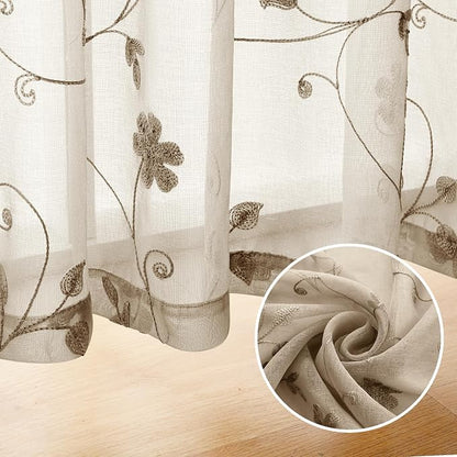 HOMEIDEAS Taupe Sheer Curtains 84 Inches Long 2 Panels Beige Embroidered Floral - Image 5
