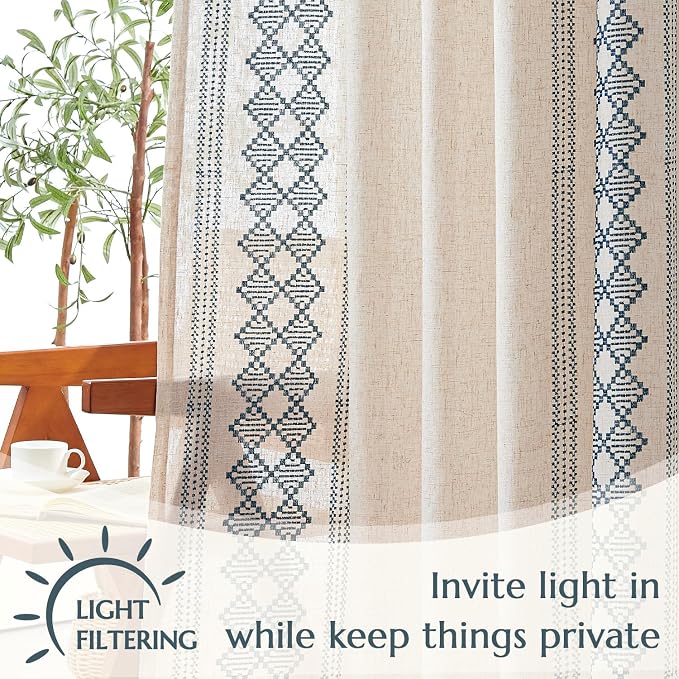 jinchan Floral Linen Curtains Embroidered Back Tab 50x96in 2 Panels Blue | - Image 4
