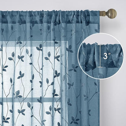 HOMEIDEAS Cyan Blue Sheer Curtains 2 Panels, Embroidered Vine Leaf, W52xL84 | - Image 5