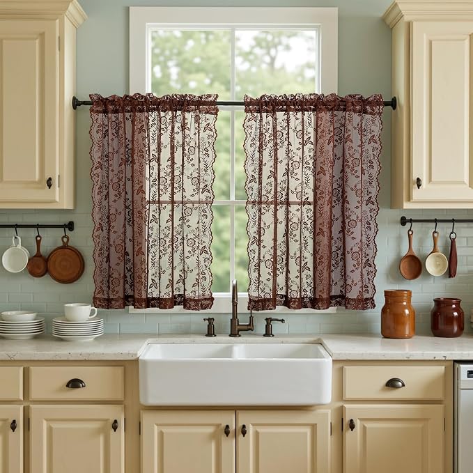Chestnut Brown Sheer Lace Curtains Leaf Floral W42 x L45 Inch, 2 Panels | Rod by FINECITY