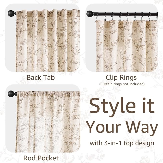 jinchan Taupe Floral Linen Curtains 96 Inch Farmhouse Back Tab 2 Panels | Taupe - Image 6