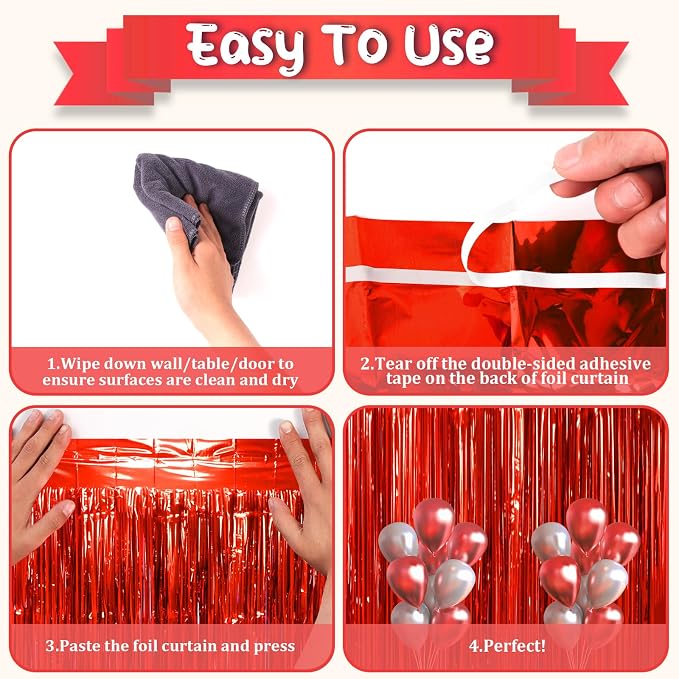 Voircoloria Red Foil Fringe Backdrop Curtains, 3 Pack | Tinsel Streamers - Image 4