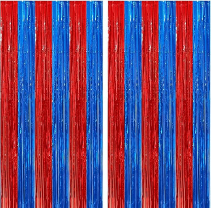 2Pack Red Blue Metallic Tinsel Foil Fringe Curtains, Tinsel Curtain Backdrop by GCBPartyDecorations