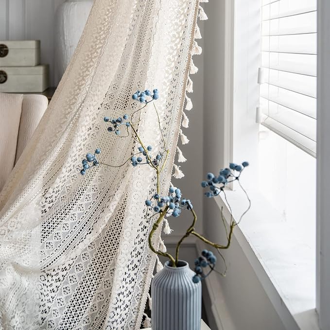 Sutuo Home Boho Curtains Crochet Lace Semi-Sheer Bohemian Hollow Knitted - Image 5