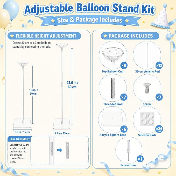 6-Pack Clear Acrylic Balloon Stand Kit, Adjustable Height 11.81–23.62 Inches - Image 2