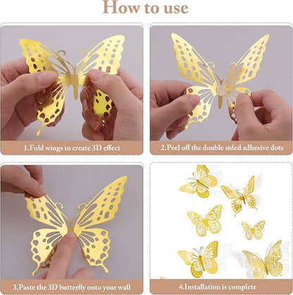 SAOROPEB 3D Butterfly Wall Decor 48 Pcs Gold Butterfly Birthday Decorations | 4 - Image 6