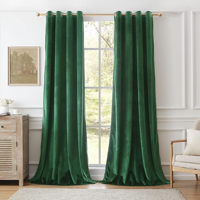 BULBUL Green Curtains 96 inch Length- Living Room Velvet Blackout Window Drapes by ModernShinyVelvetCurtains