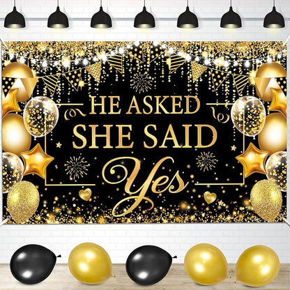 Gold Engagement Party Decorations Black Gold Engagement Banner Backdrop He by CASLON