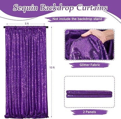 Purple Sequin Backdrop 2 Pcs 5FTx10FT Wedding Glitter Curtain Backdrop Arch - Image 2