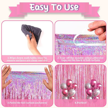 Voircoloria Pink Foil Fringe Backdrop Curtains, Birthday Party Decorations - Image 4