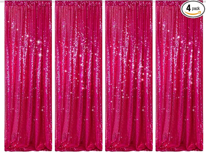 PartyDelight Hot Pink Sequin Backdrop Curtains 2x8ft 4 Panels | Sparkly 3mm by PartyDelight