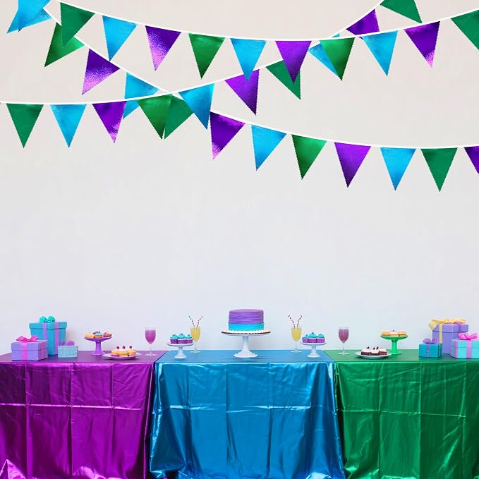 Blue Green Purple Party Decorations Metallic Fabric Triangle Pennant Banner - Image 4