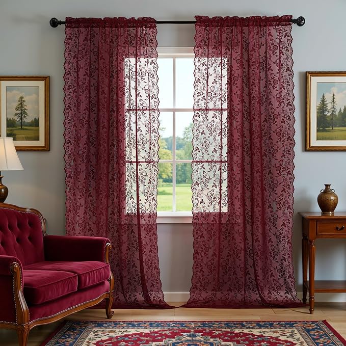 FINECITY Burgundy Lace Sheer Curtains Vintage Floral 42 x 72 Inch, 2 Panels | by FINECITY