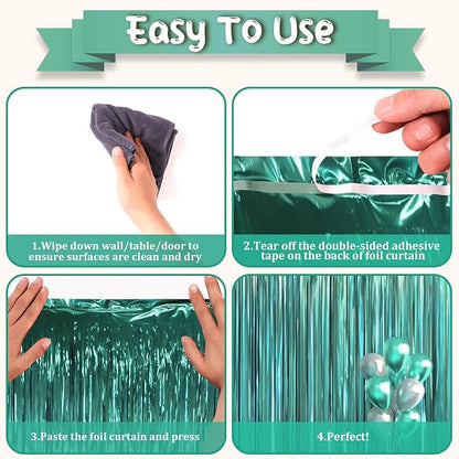 Voircoloria Retro Green Foil Fringe Backdrop Curtains, Birthday Party - Image 4