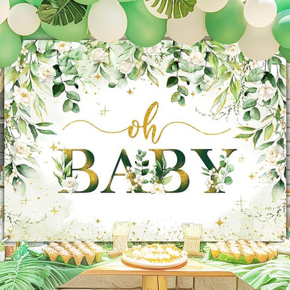 Greenery Boy Baby Shower Decorations Banner Floral Green Sage Oh Baby Backdrop - Image 3