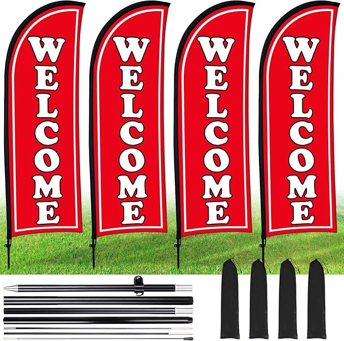 Buryeah 4 Sets Welcome Feather Flag Sign Kit Welcome Banners Swooper Flag by Buryeah