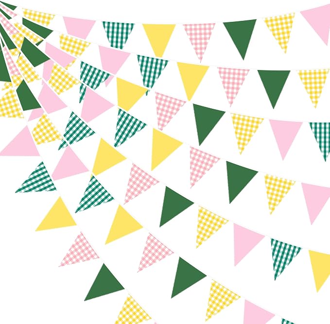 32Ft Camp Bride Party Decorations Pink Green Yellow Gingham Fabric Triangle by pinkblume