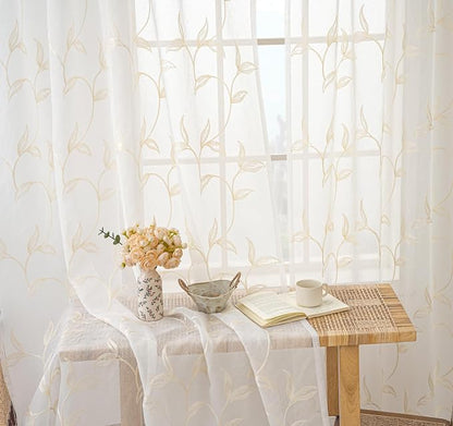 Sheer Curtains Boho Leaf Floral Embroidered Cream Beige 54Wx63L | Light - Image 6