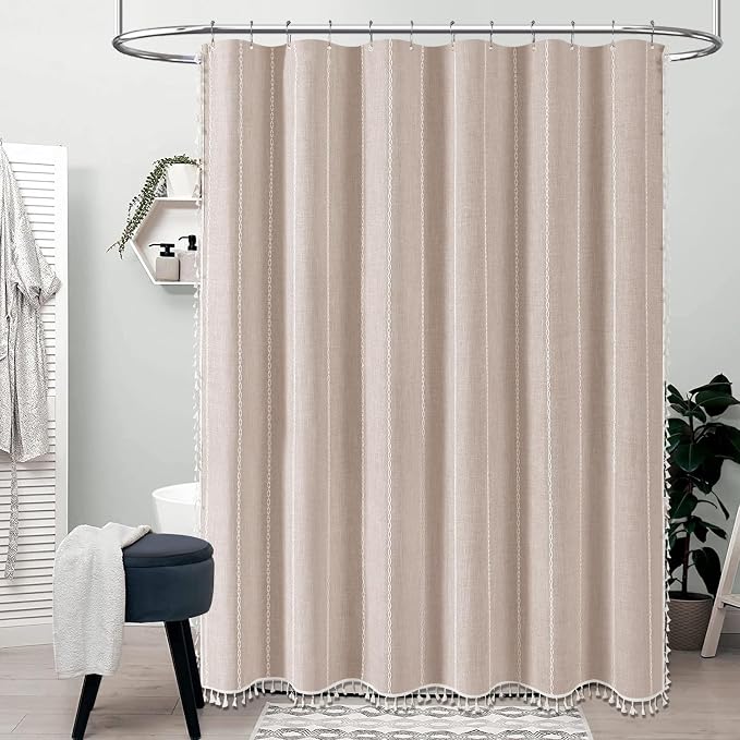 60 x 84 Boho Linen Heavy Duty Cloth Shower Curtain Set, Tan/Taupe | Narrow Long - Image 6