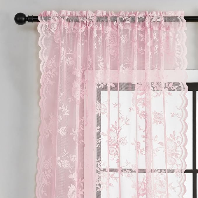 72 Inch Pastel Pink Lace Curtains 2 Panels Rod Pocket Big Flower Embroidery - Image 3