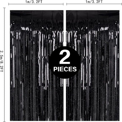 2 Pack 3.2ft x 8.2ft Black Tinsel Foil Fringe Curtain, Sparkle Metallic Foil - Image 3