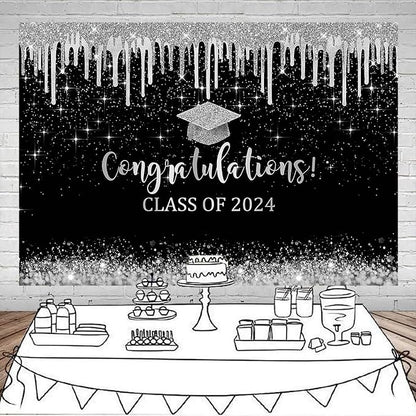 Mocsicka Black and Sliver Graduation Backdrop Congratulations Class of 2024 - Image 3