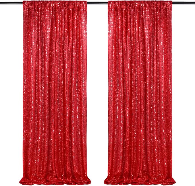 QueenDream Red Sequin Backdrop 2 Panels 2FTx8FT Christmas Party Backdrop | by QueenDream