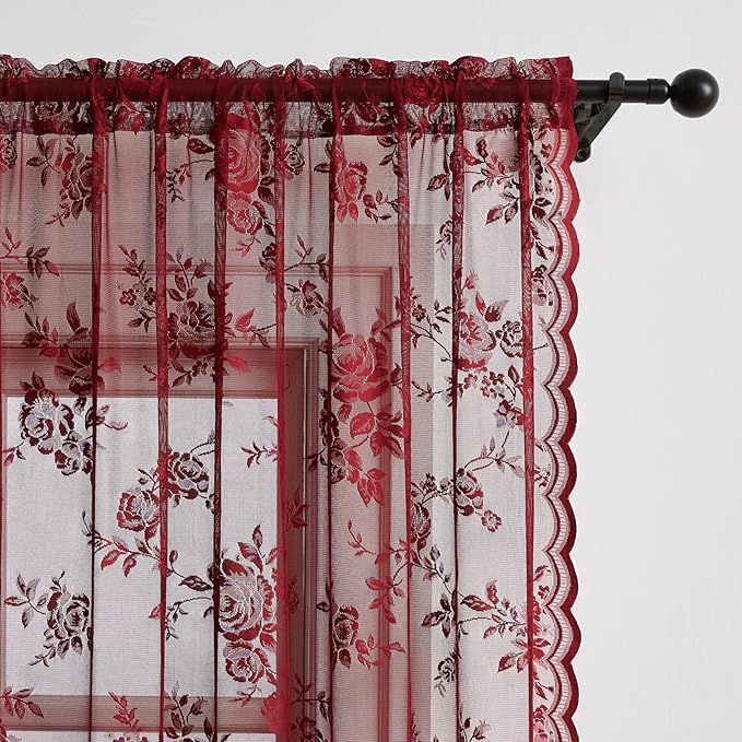 Burgundy Lace Curtains 45 Inch Length Vintage Floral Sheer Curtains - Image 4