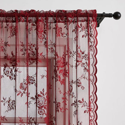 Burgundy Lace Curtains 63 Inch Length Vintage Floral Sheer Curtains 2 Panels set - Image 4