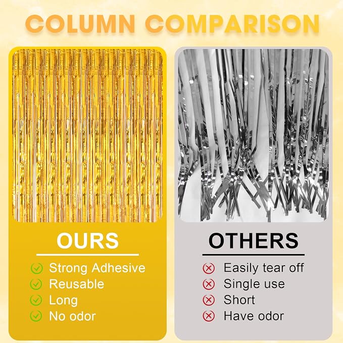 Voircoloria Laser Gold Foil Fringe Backdrop Curtains, 3 Pack | Tinsel Streamers - Image 6