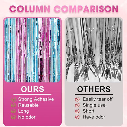 Voircoloria Blue Pink Foil Fringe Backdrop Curtains, 3 Pack | Tinsel Streamers - Image 5